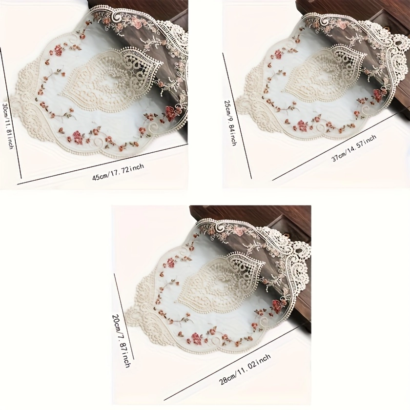 4pcs Placemats, Embroidered Lace Retro Style Western Table Mat, Fabric Rose Bedside Cabinet Decoration Cup Pad, Dressing Table Mat, Room Decor