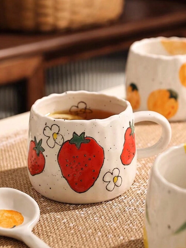 Japanese Style Hand-painted Strawberry Ceramic Coffee Mug, Perfect For Home Office, Gift For Festivals