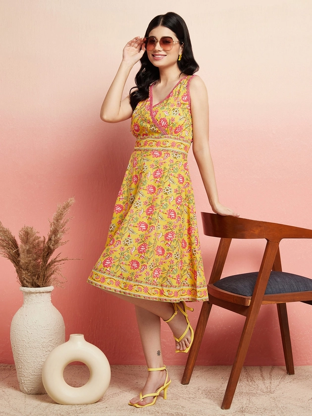 AKS V-Neck Floral Printed Angrakha Style A-Line Cotton Above Knee Dress