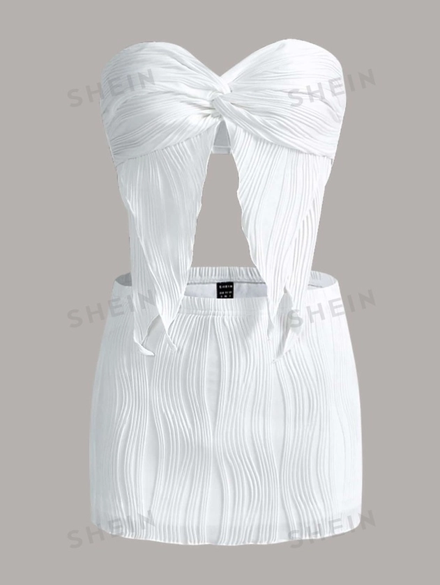 SHEIN ICON Two Piece Twist Front Asymmetrical Hem Crop Tube Top & Bodycon Skirt