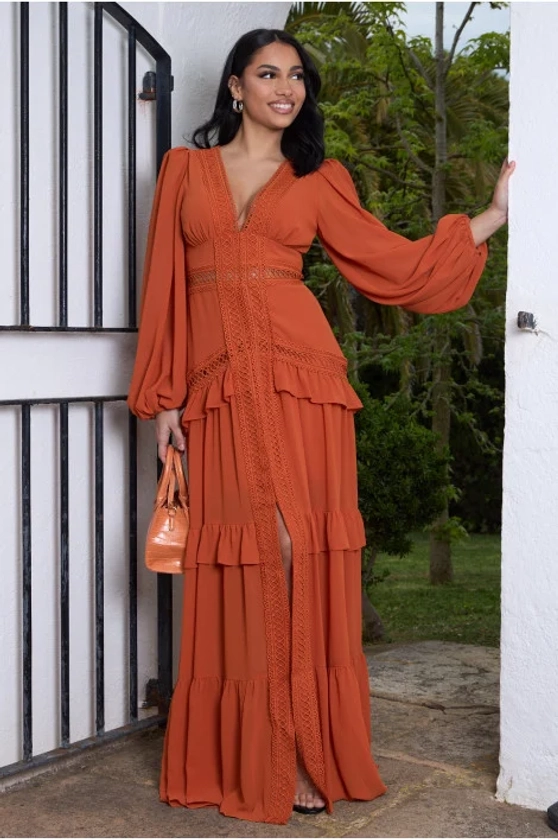 Robe longue orange à empiècement crochet - Brentiny Paris
