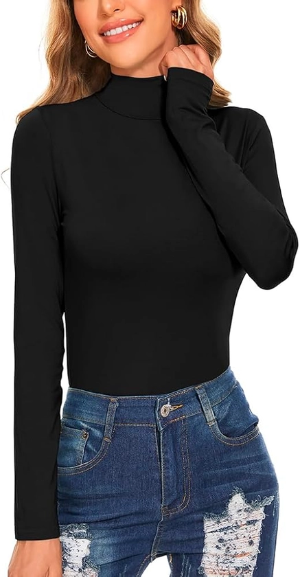 Women's Long Sleeve Mock Turtleneck Tops Casual Slim Fitted Lightweight Under Layer Pullover Shirts