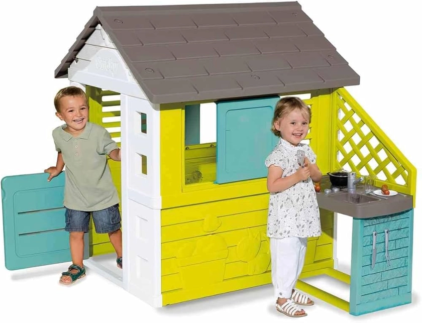 Smoby - Maison Pretty + Cuisine d'Eté - Cabane de Jardin Enfant - Persiennes et Volets Coulissants - 17 Accessoires - 810722