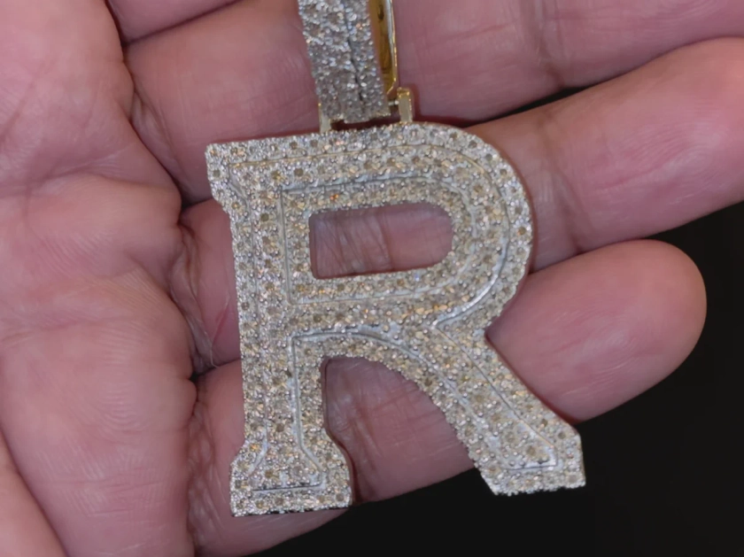 .85 CARAT NATURAL DIAMONDS STERLING SILVER WITH YELLOW GOLD PLATING LARGE 2.50 INCHES LETTER R CHARM PENDANT