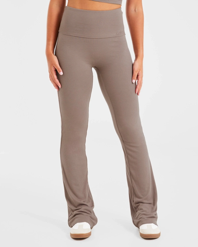 Lounge Ribbed Foldover Flared Leggings - Mocha