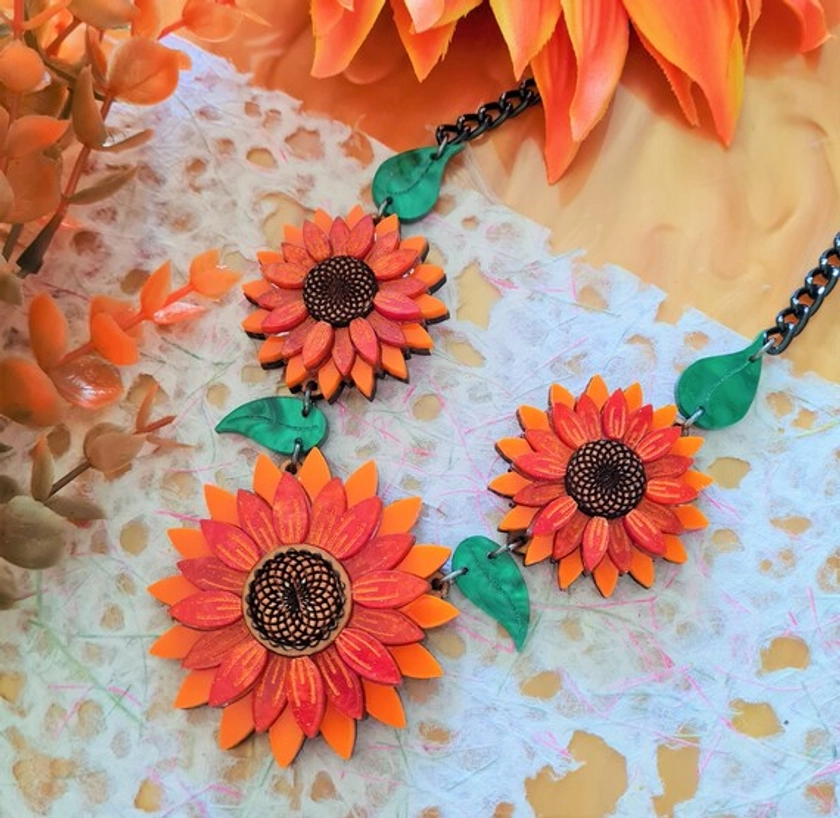 Orange sunflower statement charm necklace