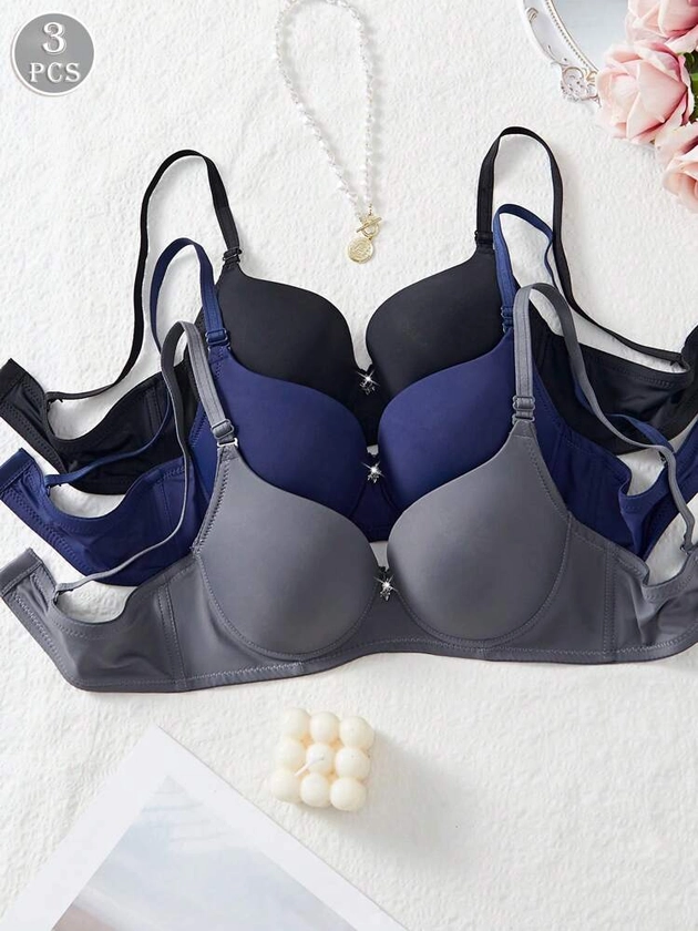 3PCS Comfortable Casual Wired Soft Cup Solid Bra, Lingerie