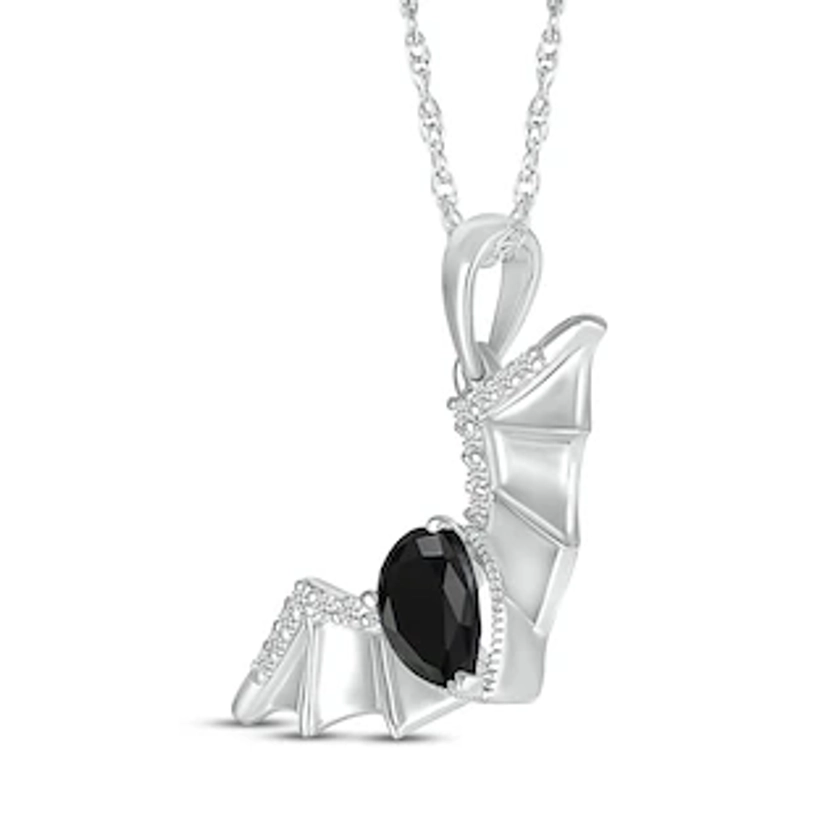 Pear-Shaped Black Spinel & White Lab-Created Sapphire Flying Bat Necklace Sterling Silver 18"