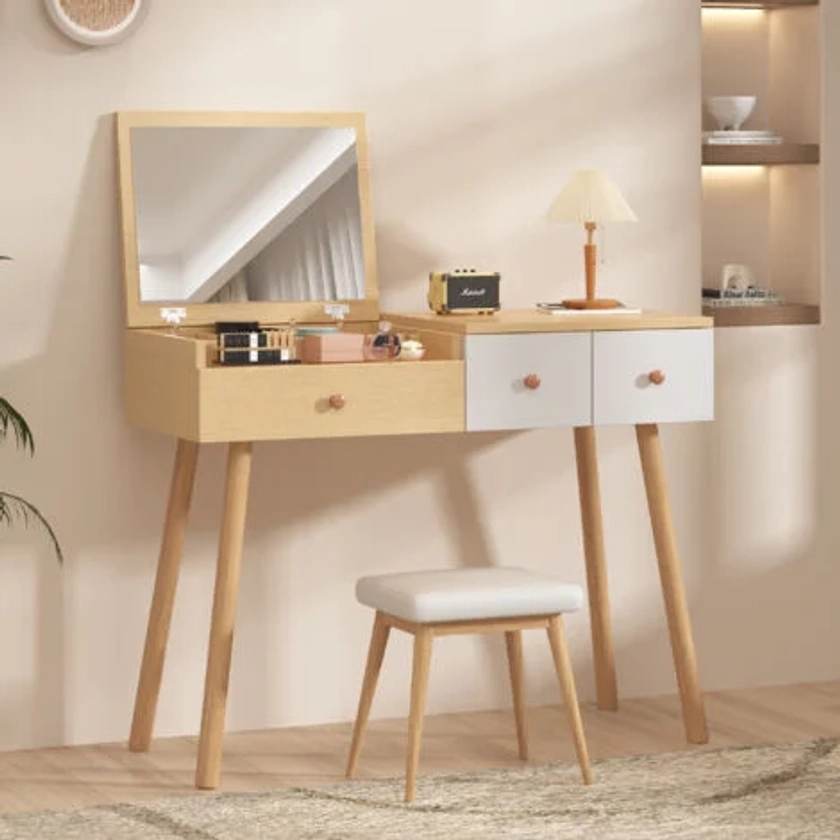 REDOM Coiffeuse avec miroir, 3 tiroirs, pieds en bois massif, épissure bicolore, style minimaliste moderne, 100 x 40 x 78 cm (sans tabouret)