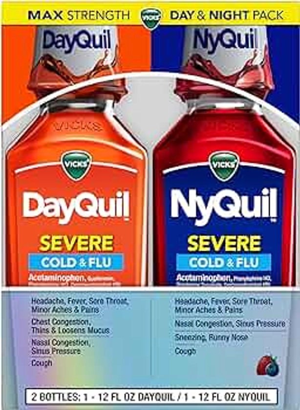 Vicks DayQuil & NyQuil SEVERE Cold & Flu Medicine, Relief for Headache, Fever, Sore Throat, Minor Aches & Pains, Nasal Congestion, Sinus Pressure, Stuffy Nose, and Cough, Co-Pack, 2 x 12 OZ