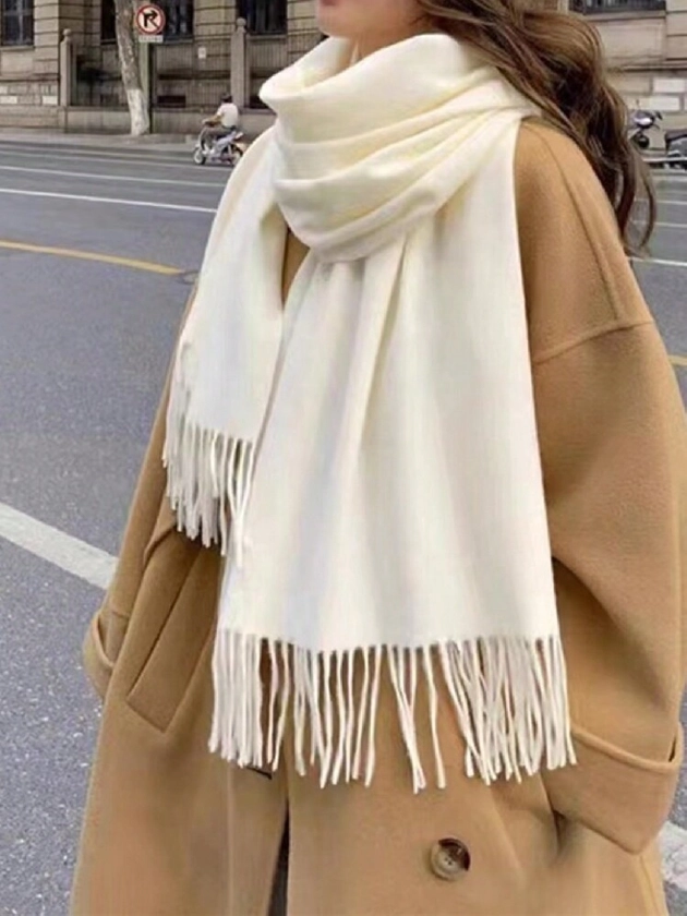 1pc Women's Autumn/Winter Solid Color Fringed Cashmere Scarf, Thick & Warm Dual-Use Shawl/Neck Warmer