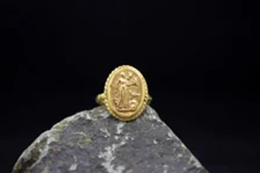 Ancient Roman Art Aphrodite Signed Coin Ring | 24K Gold Plated 925 Sterling Silver Ring | Handcrafted Hammered Venus Jewelry by Pellada