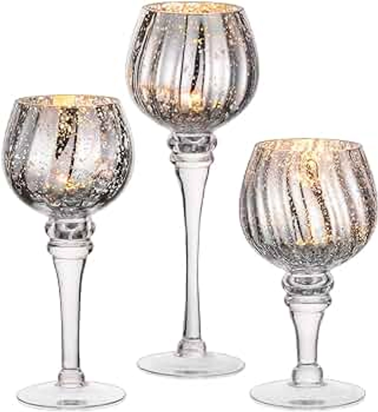 Nuptio Votive Candle Holders Glass Candle Holder Set of 3 Long Stem Candleholder Silver Mercury Tea Light Holders Table Centerpiece for Diwali Halloween Thanksgiving Christmas Windowsill