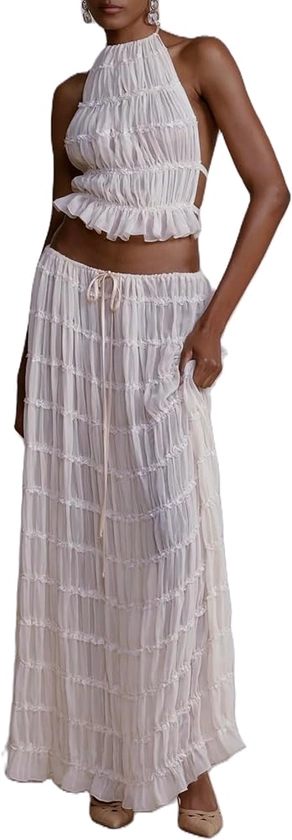 Womens 2 Piece Maxi Skirt Set Lace Up Sleeveless Tank Top and Flowy Long Skirt 2024 Summer Beach Outfits