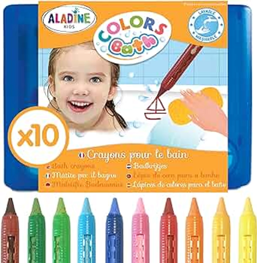 Aladine - Colors Bath - 10 Crayons Bain - Feutres de Bain Effaçables - Pour Dessiner & Écrire - Avec Mallette de Rangement - Faciles à Nettoyer - Jeu de Bain Enfant 3 ans - 42032