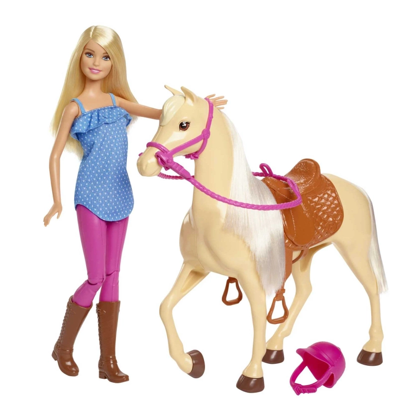 Barbie Doll & Horse Set with Blonde Doll in Riding Outfit, Light Brown Horse, Saddle, Bridle & Reins