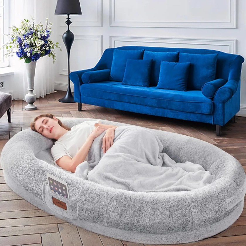 Human Dog Bed for People Adults, Giant Bean Bag Bed with Blanket 72"x48"x10", Washable Faux Fur Nap Bed Adult Oval for People, Families, Pets Removable Large Memory Foam Human Sized Dog Bed Grey