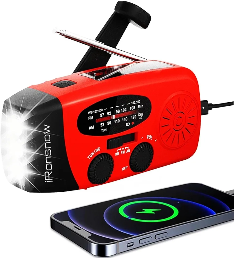 iRonsnow Solar Emergency Hand Crank Weather Radio, Portable Self Powered NOAA AM/FM Radios with SOS Alarm LED Flashlight 2000mAh Power Bank Smart Phone USB Charger for Camping (Red)