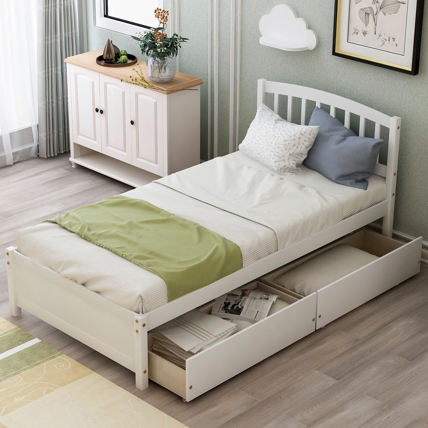 Bellemave Twin Storage Bed Frame, Wood Platform Bed with Two Drawers and Headboard, White