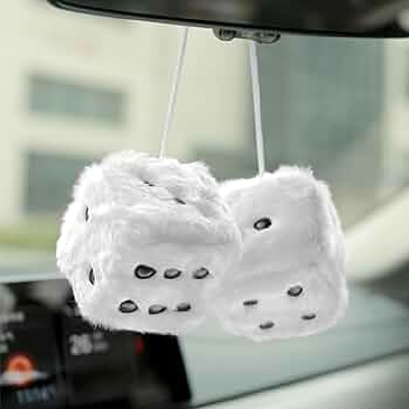 YGMONER Couple 2.75” Fuzzy Dice with Leather Dots Retro Car Mirror Hanging Accessories for Car Decoration (White)