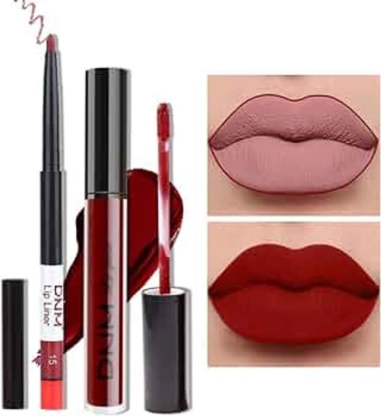 AMY'S DIARY 2pcs Matte Dark Red Lip Liner and Lipstick Makeup Set, Liquid Lipstick 24H and Lip Liner Set Matt Liquid Lips Make Up Waterproof Long Lasting Lipstick Matte Kit with Lip liner kit (02)