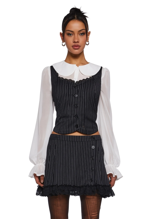 Twill Pinstripe Lace Trim Vest Delia's - Black