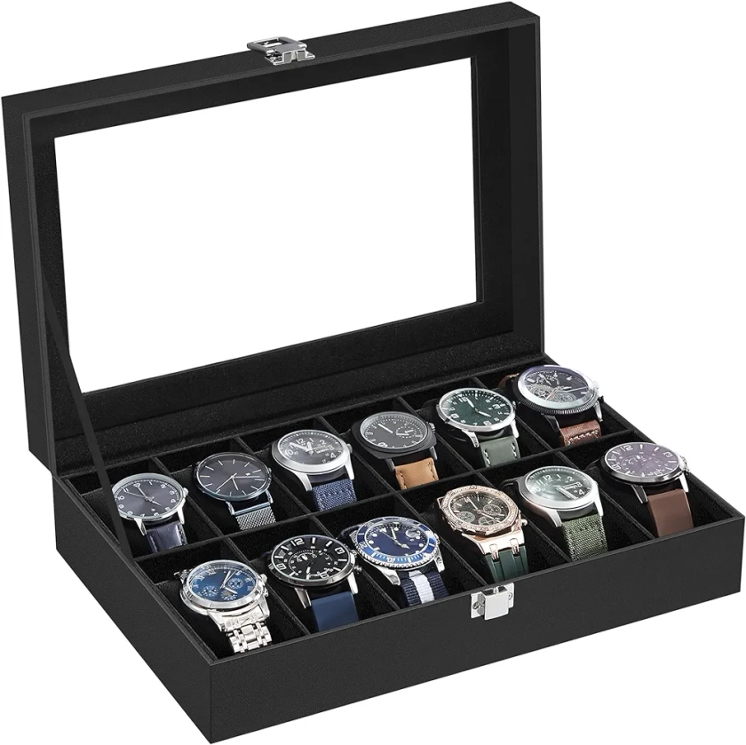 SONGMICS Boîte à Montres à 12 Emplacements, Coffret à Montres, Écrin, avec Couvercle en Verre, Coussinets Amovibles, Serrure en Métal, Revêtement en Noir et Doublure en Noir JWB12B