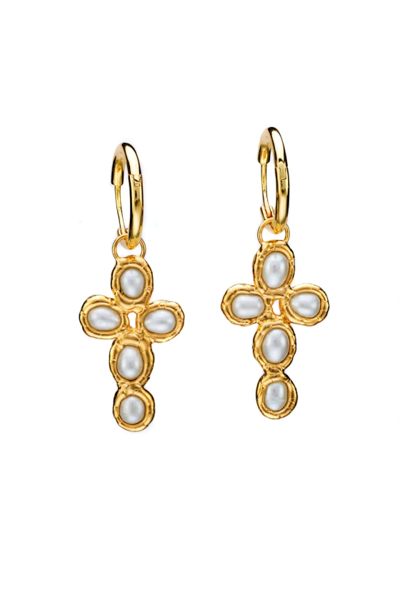 Pearl Cross Hoops in Gold