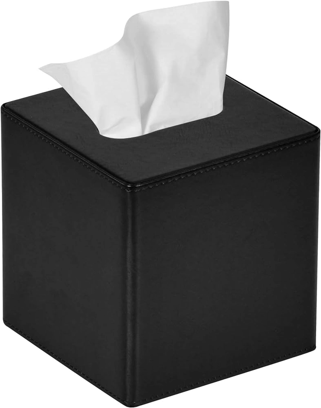 Tissue Box Cover Square PU Leather Facial Tissue Box Holder for Dresser Bathroom Decor (Black)
