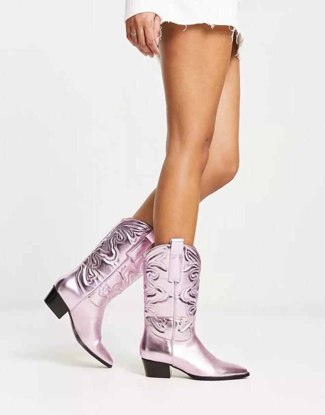 ASOS Glamorous knee western boots in pink metallic