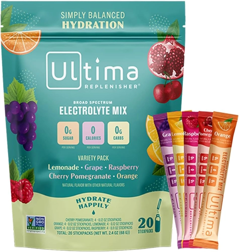 Amazon.com : Ultima Replenisher Daily Electrolyte Drink Mix – Original Variety, 20 Stickpacks – Hydration Packets with 6 Electrolytes & Minerals – Keto Friendly, Vegan, Non- GMO & Sugar-Free Electrolyte Powder : Everything Else