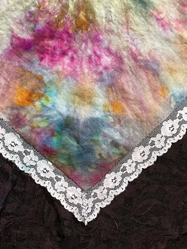 Springtime Memories Artisan Hand Dyed Lace Edge Handkerchief— One of a Kind Design in Magenta, Green, Dusty Pink, and White