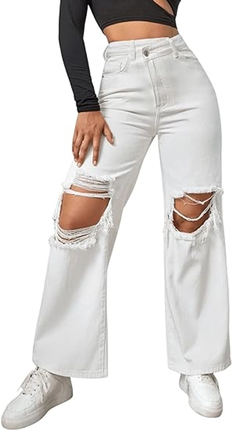 SweatyRocks Women's Straight Wide Leg High Waisted Jeans Ripped Distressed Cut Out Denim Pants White Small