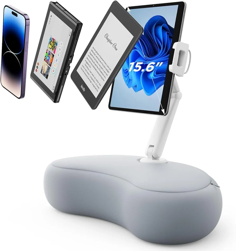 SAIJI Tablet Stand Pillow, 360° Adjustable Tablet Holder for Bed with Flexible Dual Axis Arm, Phone Holder for iPhone 15, 15Pro, iPad, Kindle, Portable Monitor and All 4.7" - 15.6" Devices (Gray)