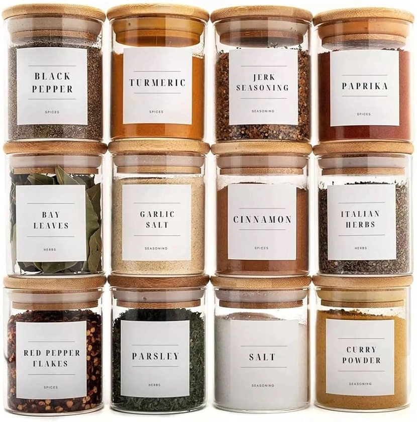 Livabl Premium Glass Bamboo Spice Jars with Lids and Labels |12-Pack 200ml | Spice Storage, Spice Containers, Seasoning Jars, Herb Jars, Glass, Spice Set, minimalist stylish labels designed in the UK