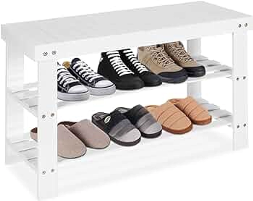 CASART Shoe Bench, 3-Tier Shoes Racks Bamboo Storage Organiser Seat, Hallway Shoes Shelf Footwear for Living Room Bedroom Entryway (White)