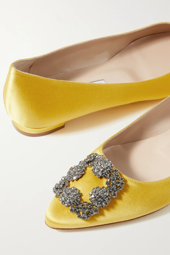Yellow Hangisi embellished satin point-toe flats | MANOLO BLAHNIK | NET-A-PORTER