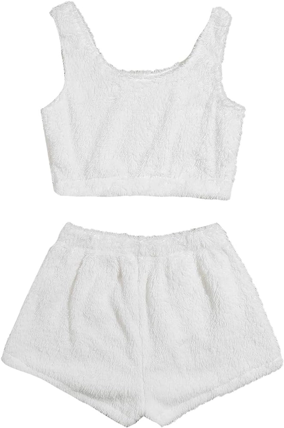 SweatyRocks Women's Fluffy Pajamas Set Crop Tank Top with Shorts Loungewear