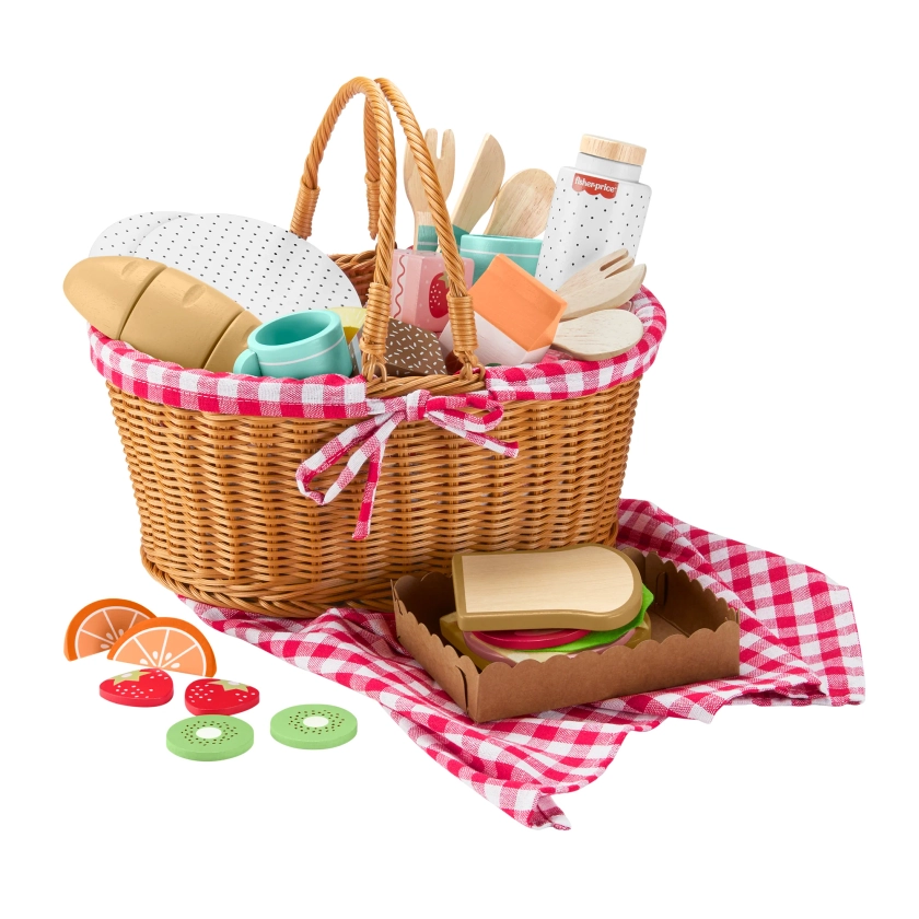 Fisher-Price Wooden Picnic Basket And Food Pretend Play Set For Preschool Kids, 31 Pieces