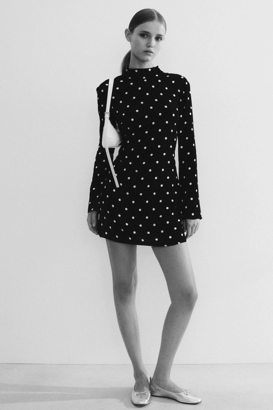 Tie-Detail Open-Back Dress - Long sleeve - Short - Black/dotted - Ladies | H&M US