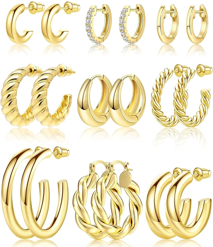 Adoyi 9 Pairs Gold Hoop Earrings Set for Women Gold Twisted Huggie Hoops Earrings 14K 18K Gold Plated for Girls Gift Lightweight