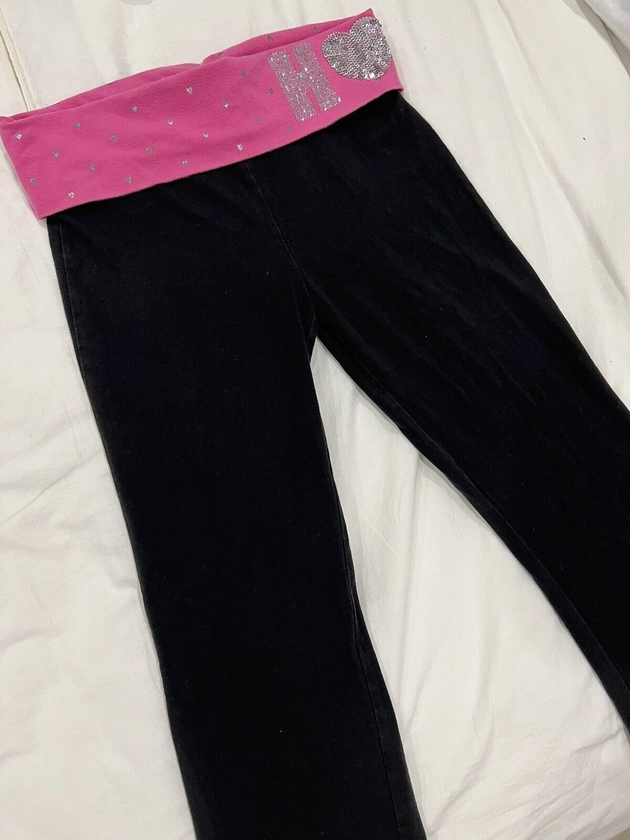 Victoria Secret Pink Y2K Yoga Pants Size S Hope Black Sequin Fold Over Waistband