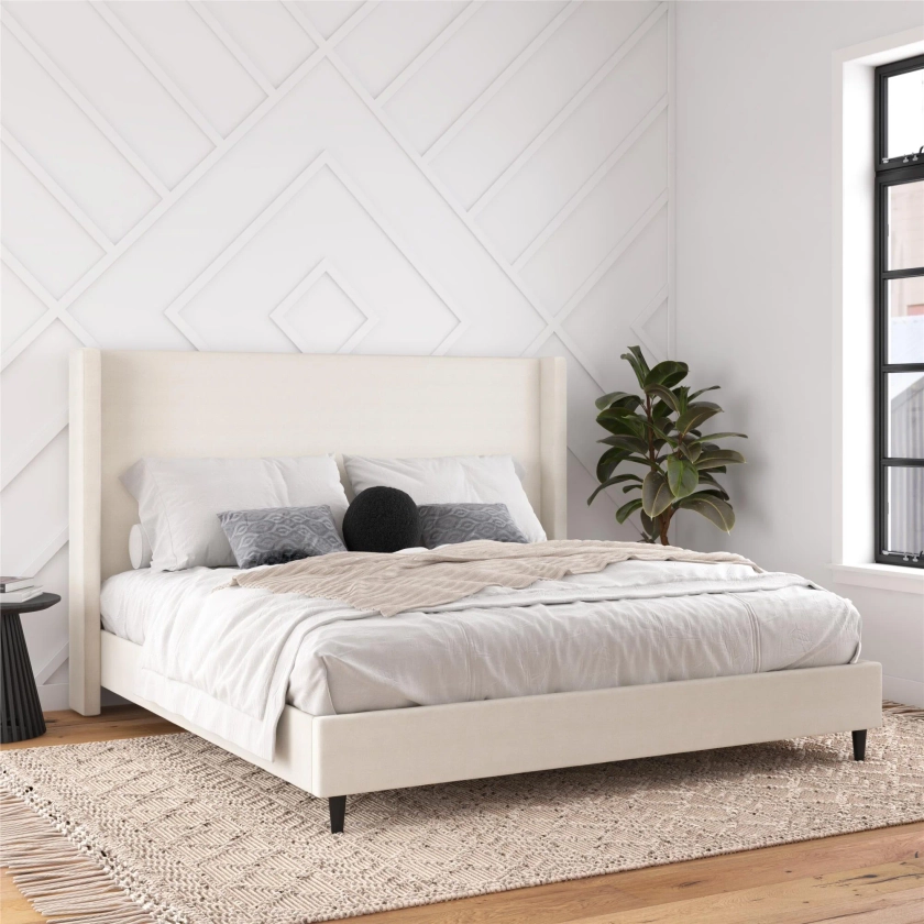 DHP Eveline Upholstered Platform Bed Frame with High Wingback Headboard, King, Textured Ivory Canvas - Walmart.com