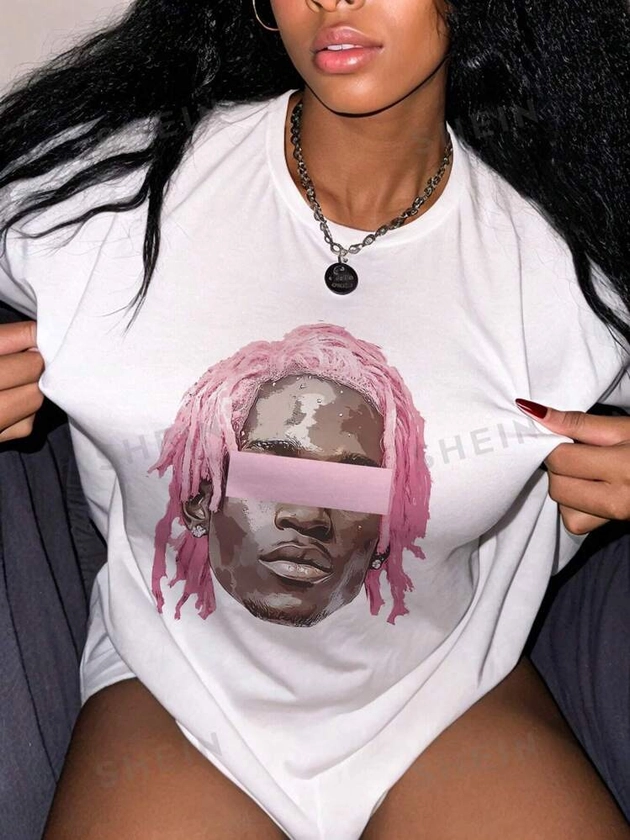 SHEIN Slayr Women Casual Loose Fit Pink Hair Portrait Graphic Crew Neck Short Sleeve T-Shirt, Suitable For Summer