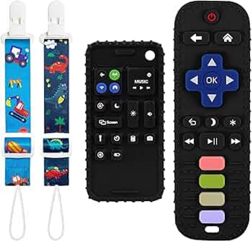 Kpblis Baby Teether Toys, 2 Pcs Remote Control Shape Teething Toys and Phone Shaped Teether for Baby, Silicone Teethers for Babies 6-12 Months, Early Educational Sensory Toy - Black,Black