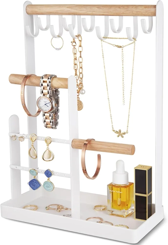 Procase Porte Bijoux Présentoir à Bijoux en Metal et Bois Durable avec Plateau et Crochets, Organisateur de Bijoux -Blanc : Amazon.fr: Mode