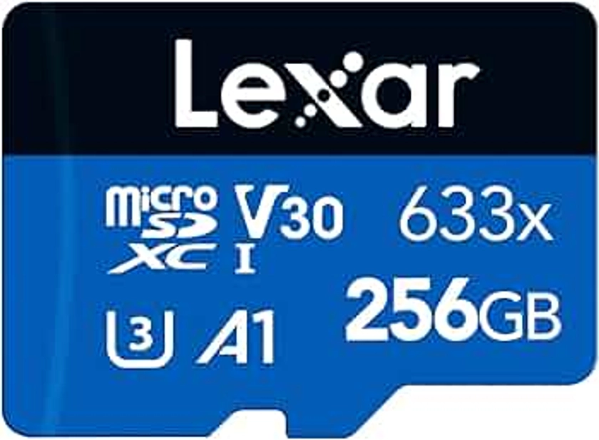 Lexar 633x Carte Micro SD 256 Go, Carte microSDXC UHS-I + Adaptateur SD, Jusqu'à 100 Mo/s en Lecture, A1, C10, U3, V30, Carte TF pour Smartphone/Tablette/Caméra Surveillance (LMS0633256G-BNAAA)