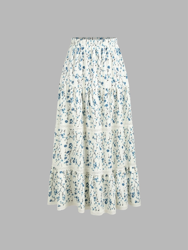 Floral Mid Waist Ruffle Maxi Skirt