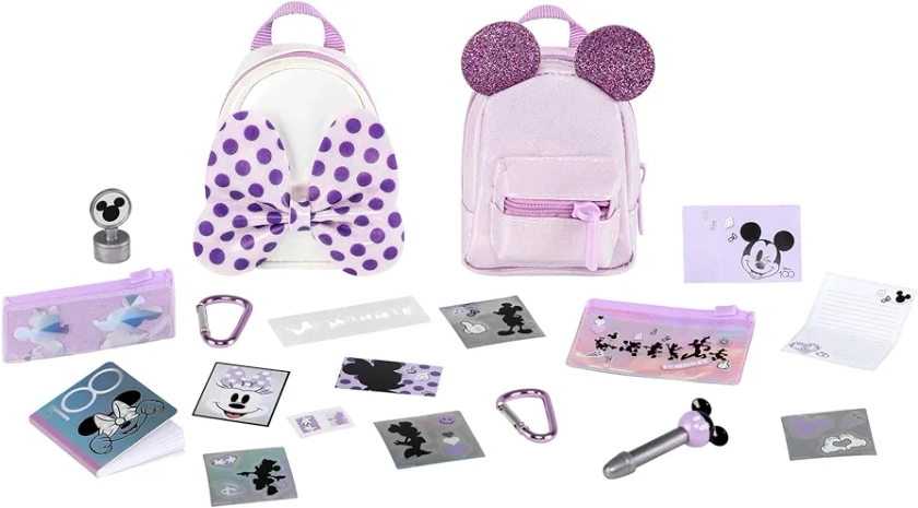 REAL LITTLES Disney 100 Anniversary Pack. Mickey & Minnie Shimmer Together Mini Backpacks. 2 Exclusive Mini Backpacks with 12 Exclusive Mini Stationery Items Inside