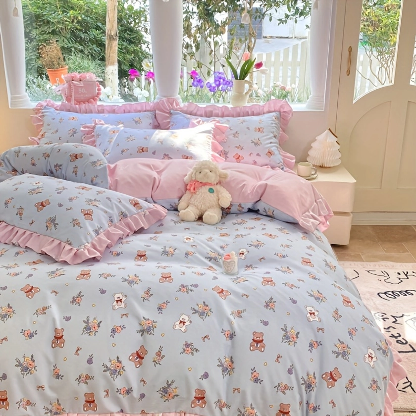 4pc Duvet Cover Set, * * Cartoon Bear Floral French Pastoral Print Bedding Set, Soft And Comfortable Duvet Cover, Bedroom, Guest Room (1*Flat Sheet + 1* Duvet Cover + 2* Pillowcase, No Core)